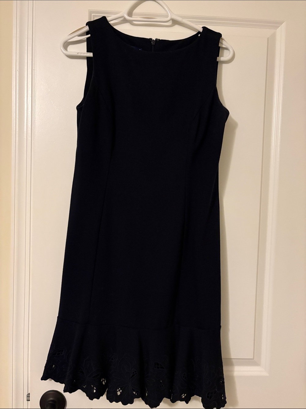 Talbots Navy Sleeveless Sheath Dress with Scalloped Laser-Cut Hem
